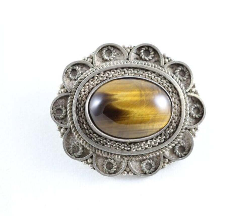 Sterling Silver Israel Tiger Eye Pin Brooch and Pendant Vintage